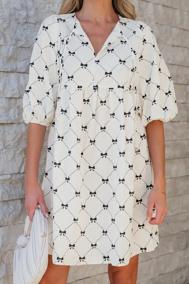 White Bowtie Pattern Textured Puff Half Sleeve Mini Dress - Love Salve